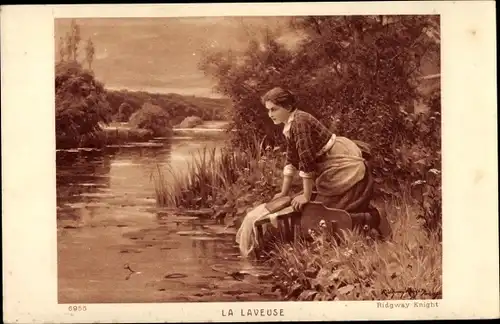 Künstler Ak Knight, R., Frau am Flussufer beim Wäschewaschen, La Laveuse
