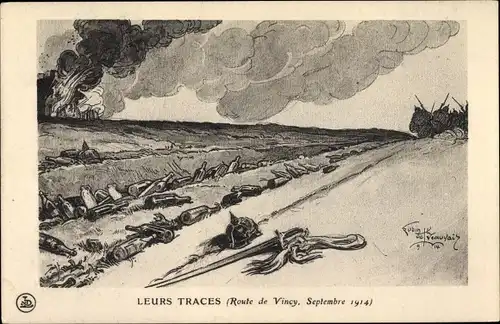 Künstler Ak de Jeauvais, R., Leurs Traces,  Route de Vincy, 1914, Flaschen, Soldaten marschieren