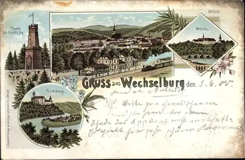 Litho Wechselburg Landkreis Mittelsachsen, Turm zu Rochlitz, Rochsburg, Brücke, Bahnhof