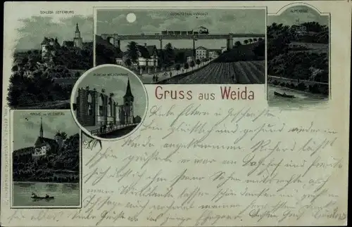 Mondschein Litho Weida in Thüringen, Schloss, Kirche, Viadukt