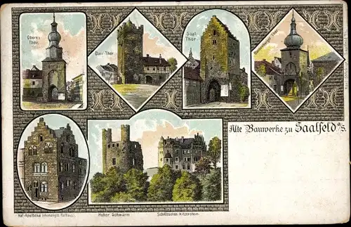 Litho Saalfeld an der Saale Thüringen, Großes Tor, Darr Tor, Saal Tor, Blankenburger Tor