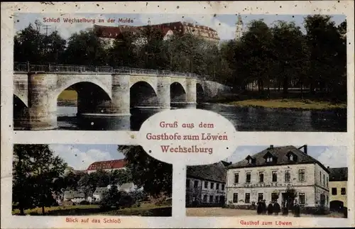 Ak Wechselburg in Sachsen, Gasthof zum Löwen, Schloss Wechselburg, Mulde, Brücke