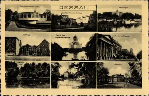 Ak Dessau in Sachsen Anhalt, Kurhaus, Gestänge, Schloss, Mausoleumspark, Altes Theater, Bahnhof