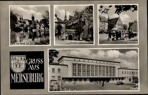 Ak Merseburg an der Saale, Blick auf Schloss und Dom, Domplatz, Marktplatz, Bahnhof