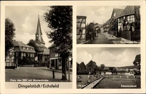Ak Dingelstädt im Eichsfeld Thüringen, Platz der DSF mit Marienkirche, Grabenstraße, Schwimmbad