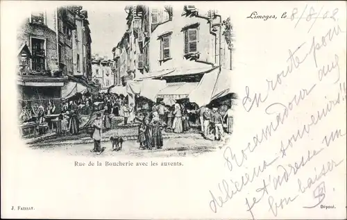 Ak Limoges Haute Vienne, Rue de la Boucherie avec les auvents