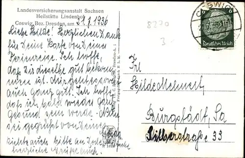 Ak Coswig in Sachsen, Landesversicherungsanstalt Sachsen Heilstätte Lindenhof, Fliegeraufnahme