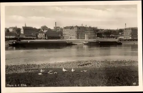 Ak Riesa an der Elbe Sachsen, Uferpartie, Stadt