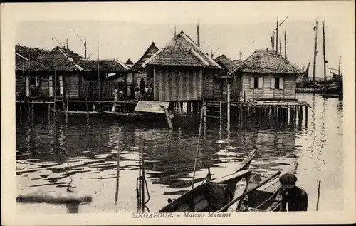 Ak Singapore Singapur, Maisons Malaises, Hütten am Wasser