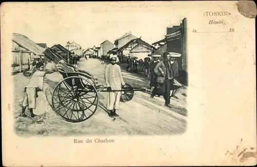 Ak Hanoi Tonkin Vietnam, Rue du Charbon, Rikscha