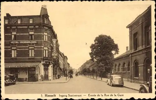 Ak Hasselt Flandern Limburg, Statiestraat, Rue de la Gare, Hotel