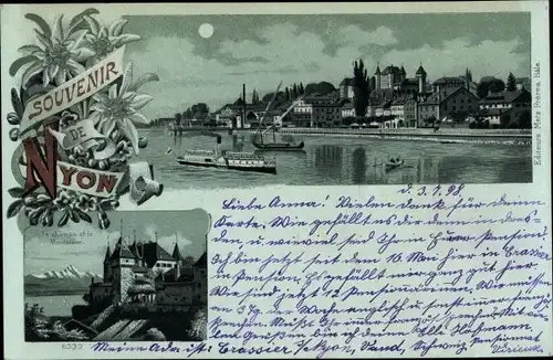 Mondschein Litho Nyon Kanton Waadt, le chateau et le Montblanc