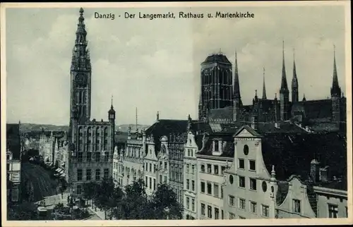 Ak Gdańsk Danzig, Der Langemarkt, Rathaus und Marienkirche