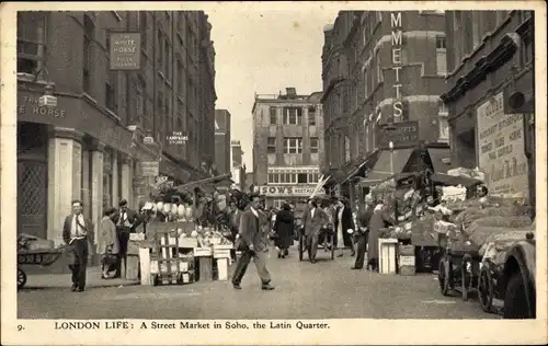 Ak London England, Lonon Life, A Street Market in Soho, the Latin Quarter