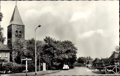 Ak Zuidwolde Groningen, N. H. Kerk, Straßenpartie