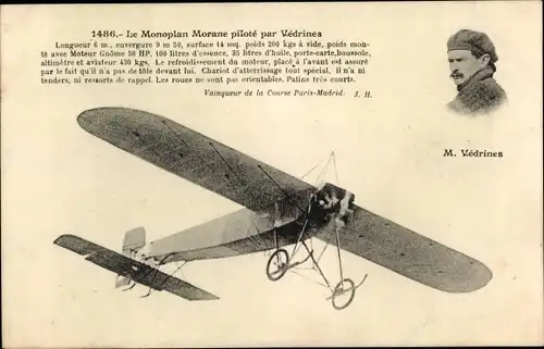 Ak Le Monoplan Morane pilote par Vedrines, Flugpionier