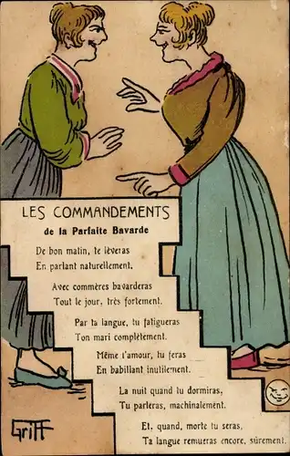 Künstler Ak Griff, Gespräch zweier Frauen, Les Commandements de la Parfaite Bavarde