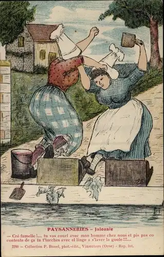 Künstler Ak Paysanneries, Jalousie, Zwei Frauen in Tracht Prügelei