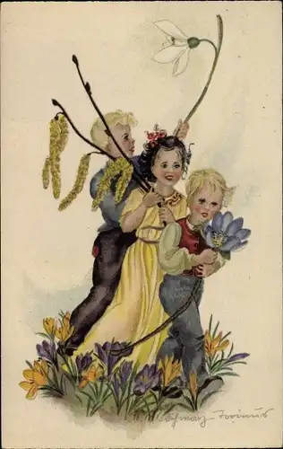 Künstler Ak Drei Kinder, Blumen, Baumzweig, Mädchen in gelbem Kleid