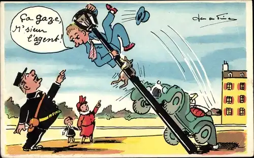 Künstler Ak Französischer Polizist, Mann an der Straßenlaterne, Auto, Verkehrsunfall