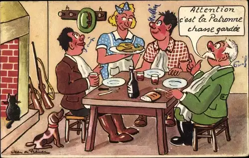 Künstler Ak Preissac, Betrunkene Männer am Tisch, Frau kommt mit Speise, Hund, Weinflasche, Katze
