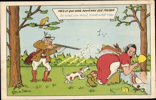 Künstler Ak Preissac, Jäger will Hasen erlegen und zielt dabei auf Wäscherin
