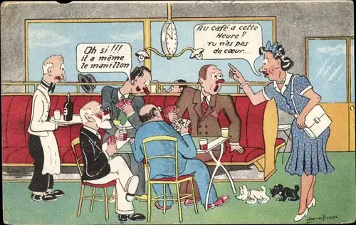 Künstler Ak Preissac, Betrunkene Männer in einem Restaurant, Kellner, Unzufriedene Frau