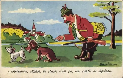 Künstler Ak Preissac, Jäger, Jagdwaffe, Beschäftigter Jagdhund