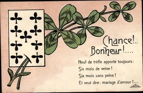 Ak Chance, Bonheur, Neuf de trefle, Six mois de veine, sans peine, mariage d'amour, Spielkarte, Klee