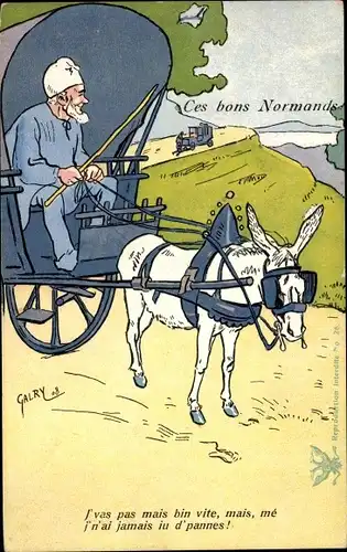 Künstler Ak Ce bons Normands, Tracht Normandie, Mann, Planwagen