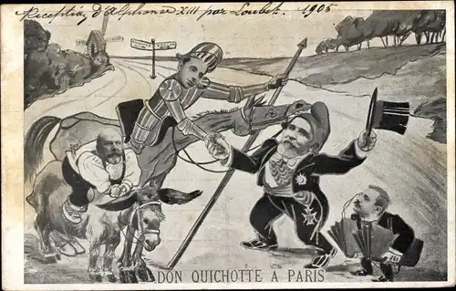 Ak Don Quichote à Paris, Präsident Emile Loubet, König Alfonso XIII. von Spanien, Karikatur