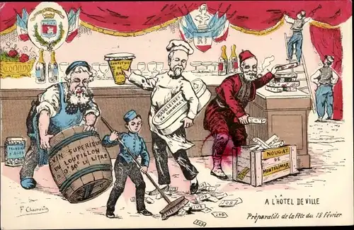 Künstler Ak A l'hotel de Ville, Preparatifs de la fete du 18 Fevrier, Karikatur, Armand Fallieres