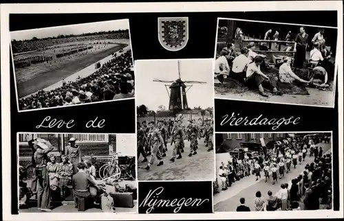 Ak Nijmegen Gelderland, Vlaggenparade Vierdaagse, Windmühle, Marslied