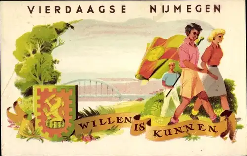 Künstler Ak Nijmegen Gelderland, Vierdaagse, Wappen, Willen is Kunnen