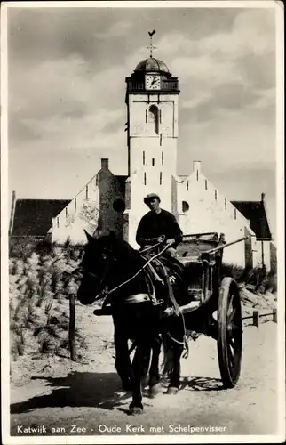 Ak Katwijk aan Zee Südholland Niederlande, Oude Kerk met Schelpenvisser