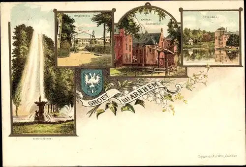 Litho Arnhem Gelderland Niederlande, Kasteel Doorwerth, Springbrunnen, Wappen