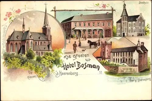 Litho 's Heerenberg Montferland Gelderland Niederlande, Kerk, Hotel Bosman, Stadhuis, Slot