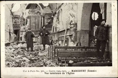 Ak Maricourt en Somme, Vue interieure de l'Eglise, Innenansicht der Ruine, Kriegszerstörung 1. WK