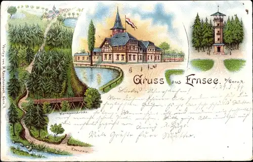 Litho Gera in Thüringen, Ernsee mit Teich, Hermannsbrücke