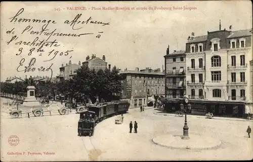 Ak Valence Drôme, Place Madier Montjau et entree de Faubourg Saint Jacques