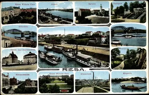 Ak Riesa an der Elbe Sachsen, Kaiser Wilhelm Platz, Stadtpark, Hüttenwerk, Carola- und Handelsschule