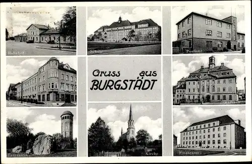 Ak Burgstädt in Sachsen, Bahnhof, Schule, Postamt, Rathaus, Finanzamt, Kirche, Stadtbank