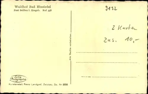 Ak Einsiedel Seiffen im Erzgebirge, Waldhof Bad Einsiedel