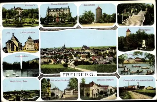 Ak Freiberg in Sachsen, Dom, Schlossplatz, Johannis Hospital, Donatsturm, Panorama, Halsbrücker Esse