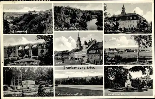 Ak Frankenberg Zschopau, Schloss Sachsenburg, Lichtenwalde, Harrasfelsen, Markt, Eisenbahnbrücke