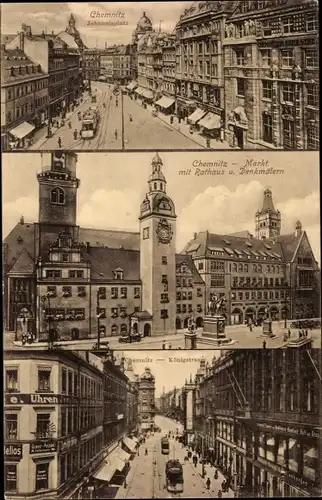 Ak Chemnitz in Sachsen, Johannisplatz, Rathaus u. Denkmäler, Königstraße