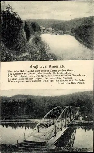 Ak Amerika Penig in Sachsen, Blick entlang der Mulde, Gedicht Ernst Scheffler, Fußgängerbrücke