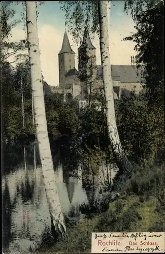 Ak Rochlitz Sachsen, Partie am Teich mit Blick aufs Schloss