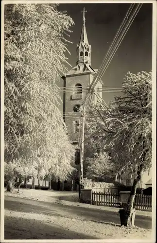 Foto Ak Jöhstadt im Erzgebirge Sachsen, Kirche im Schnee, Winter