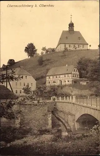 Ak Oberneuschönberg Olbernhau im Erzgebirge, Partie im Ort, Fachwerkhaus, Kirche